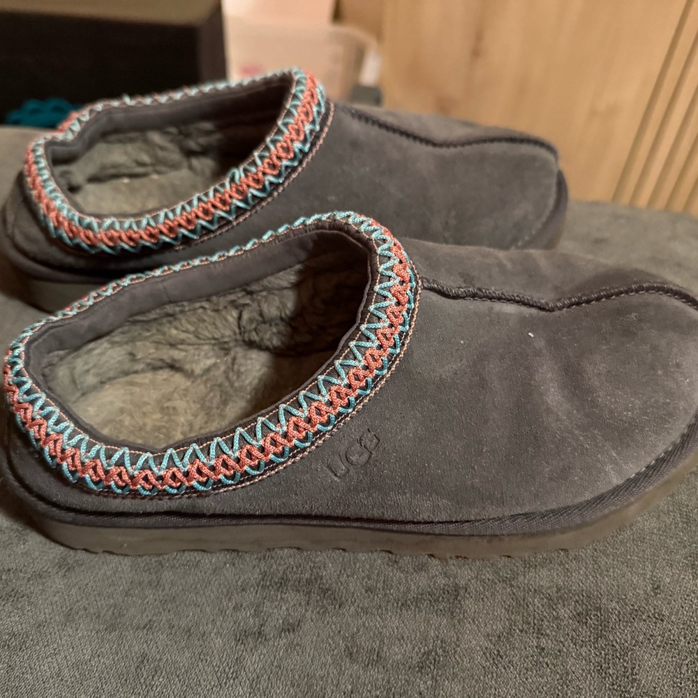 UGG Charcoal Suede Slippers with Vibrant Trim